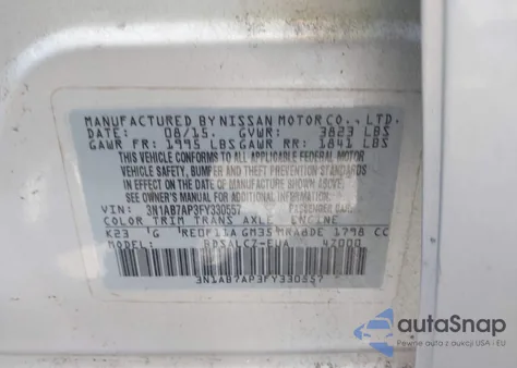 2015 Nissan Sentra S z USA, uszkodzony, nr VIN 3N1AB7AP3FY330557